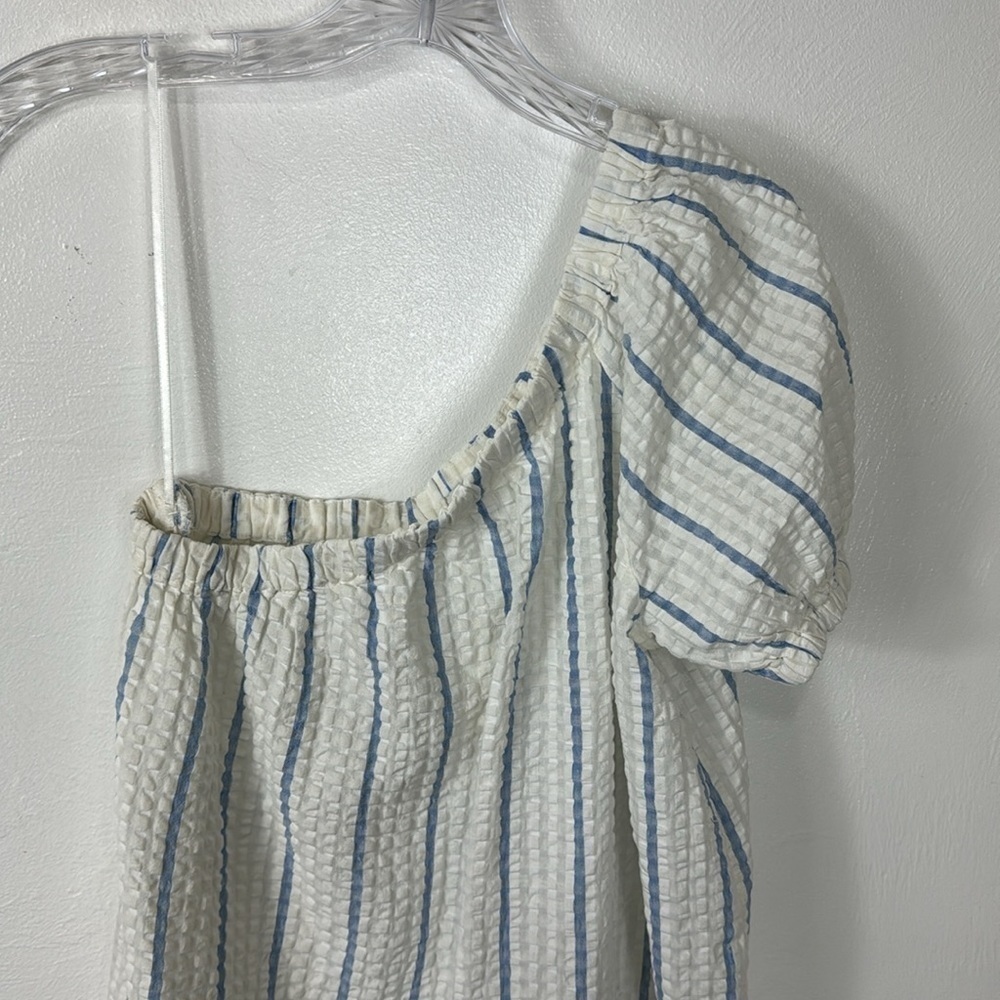 Madewell One-Shoulder Puff-Sleeve Midi Dress Women's XS Blue Striped NWT - Picture 4 of 12